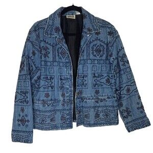 Chico’s Designs Embroidered Beaded Jean Denim Jacket Cotton Silk Lined S…